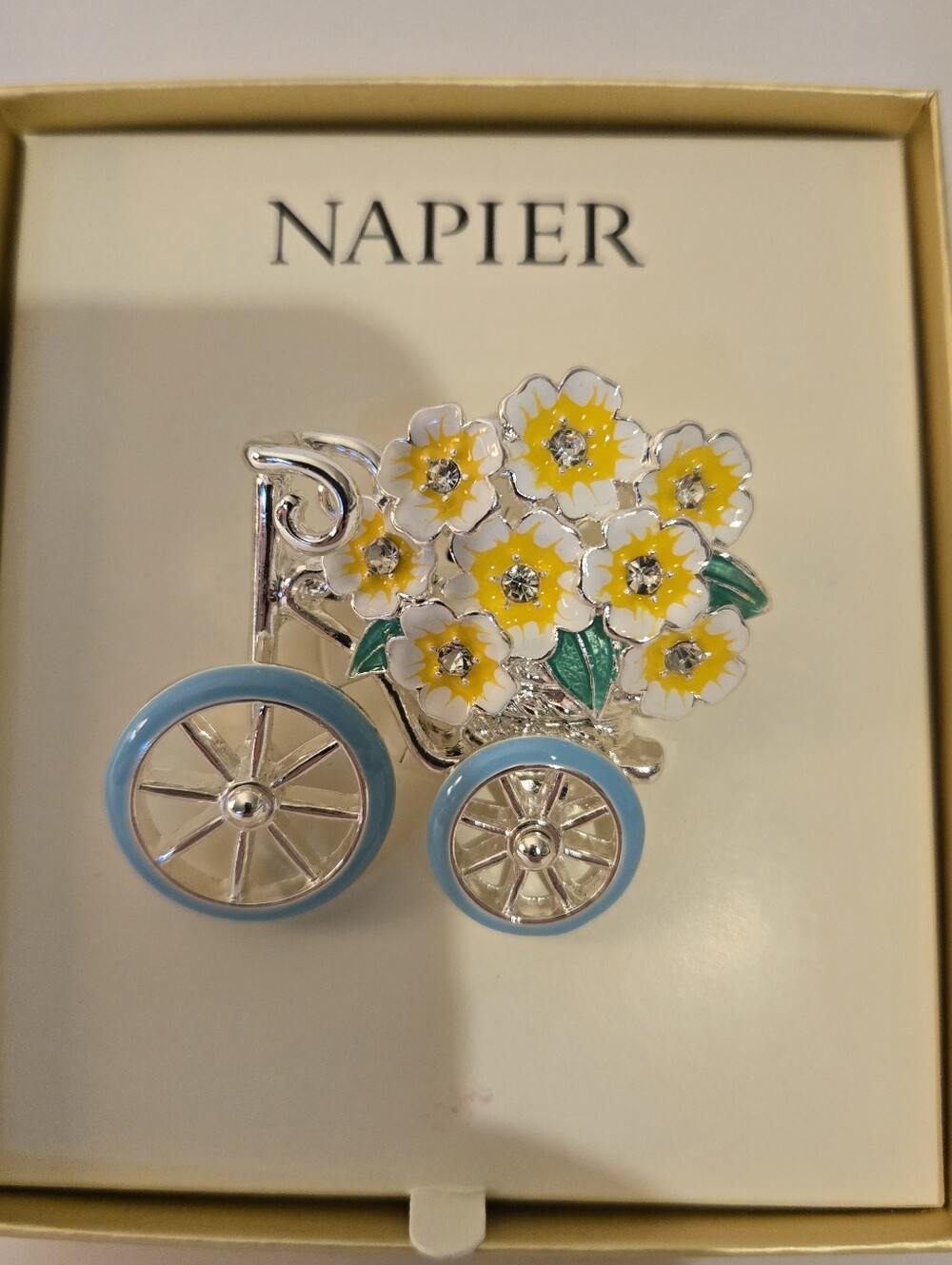 Napier New Silver Tone Bicycle Pin/Brooch White/Yellow Flowers In Basket